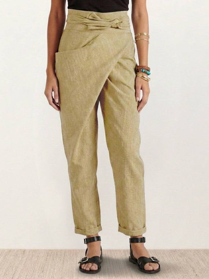 Front view of khaki high waist wrap front cropped tapered pants