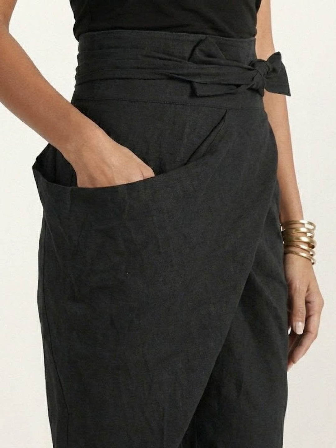 Back view of black high waist cropped wrap front pants