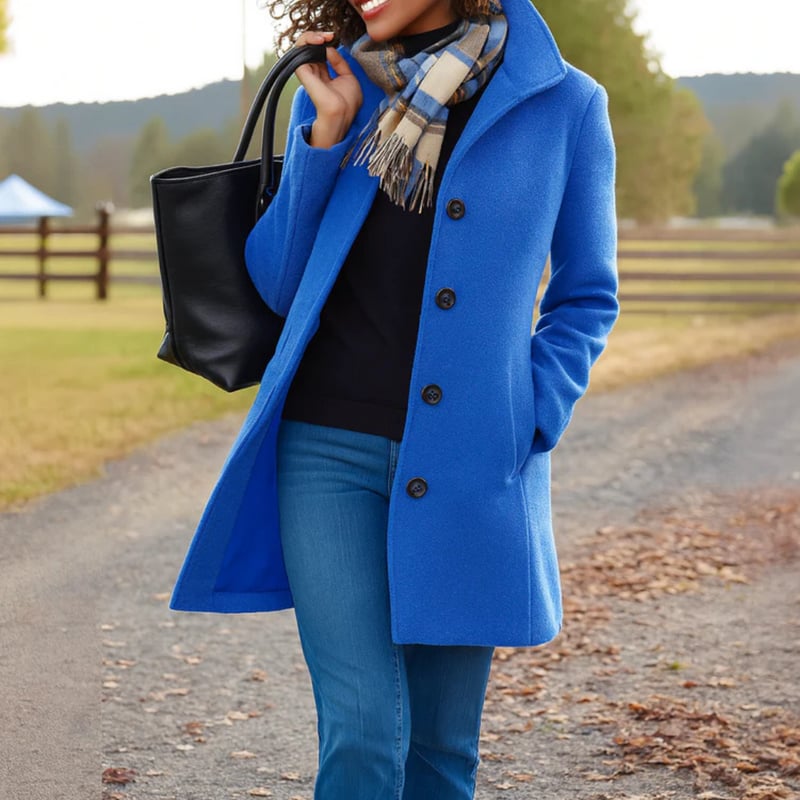 Full-length view of the Aubrey button-front coat in a neutral colorway