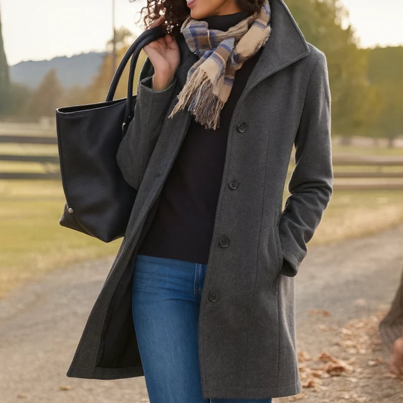 Back view of the Aubrey classic coat displaying the straight cut and coat length