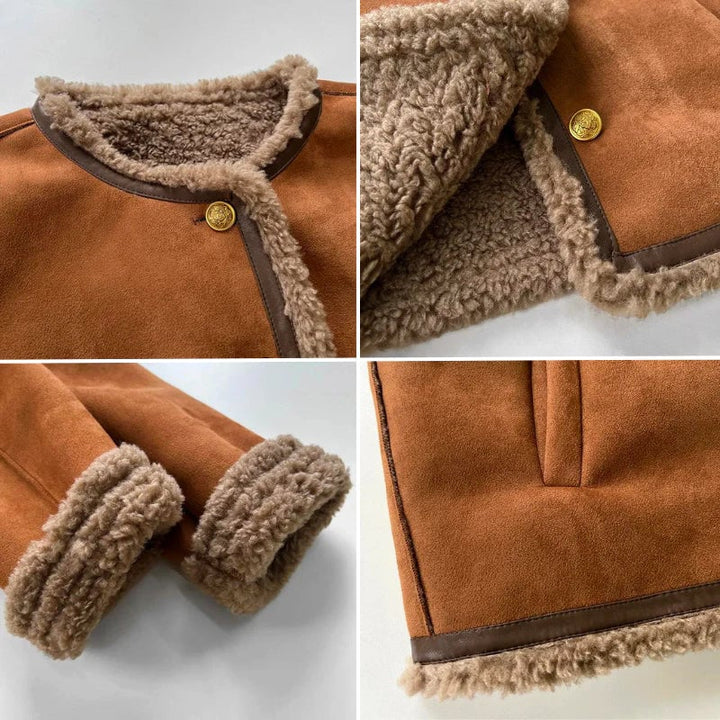 Close-up detail of the Audrey jacket fabric and tailoring in warm brown