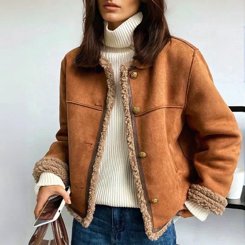 Styled outfit featuring the Audrey brown jacket layered over a casual ensemble