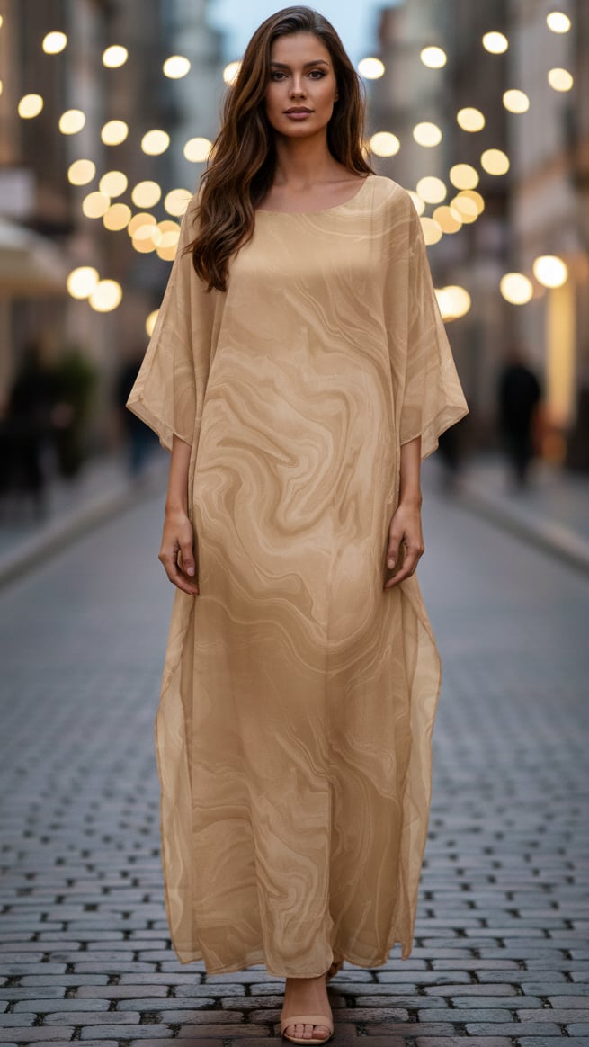 Woman wearing a yellow chiffon kaftan maxi dress with batwing sleeves and a floor-length flowing silhouette