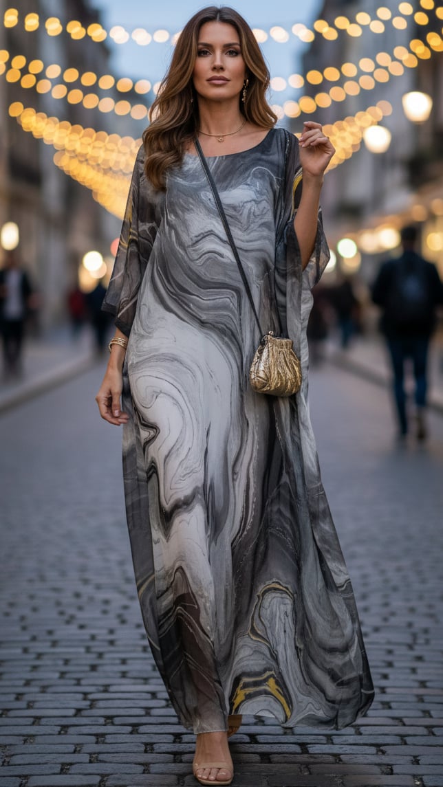 Front view of the Aura chiffon kaftan maxi dress in yellow showing the full-length drape and batwing sleeve detail