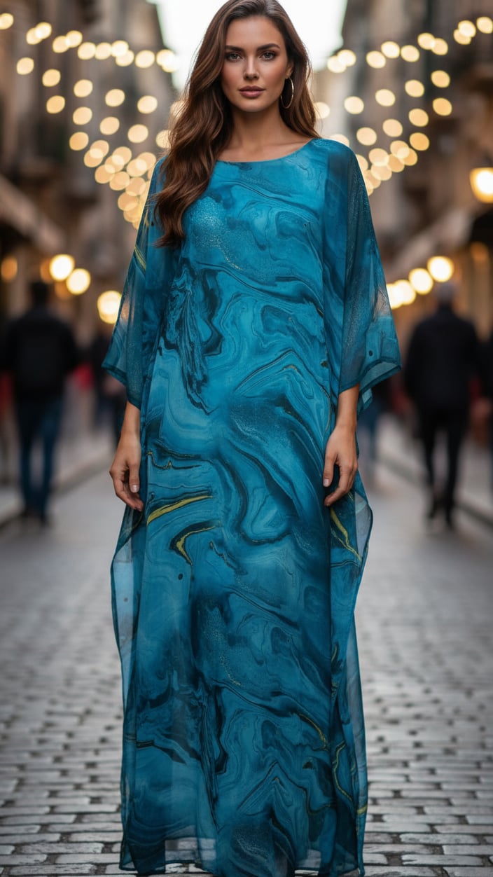 Side profile of woman in yellow chiffon kaftan maxi dress highlighting the fluid fabric movement