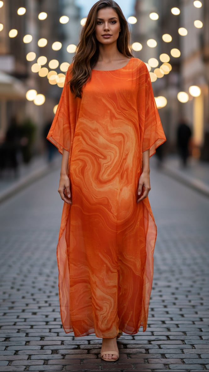 Close-up of the subtle swirl print chiffon fabric and batwing sleeve edge on the Aura maxi dress