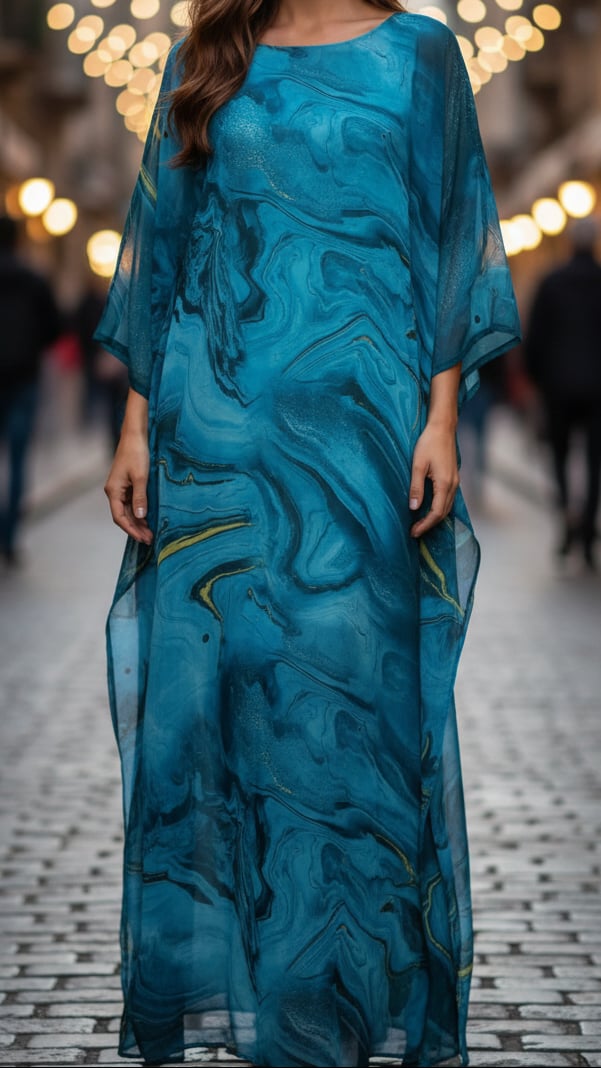 Woman in gray chiffon kaftan maxi dress with batwing sleeves styled for a formal occasion