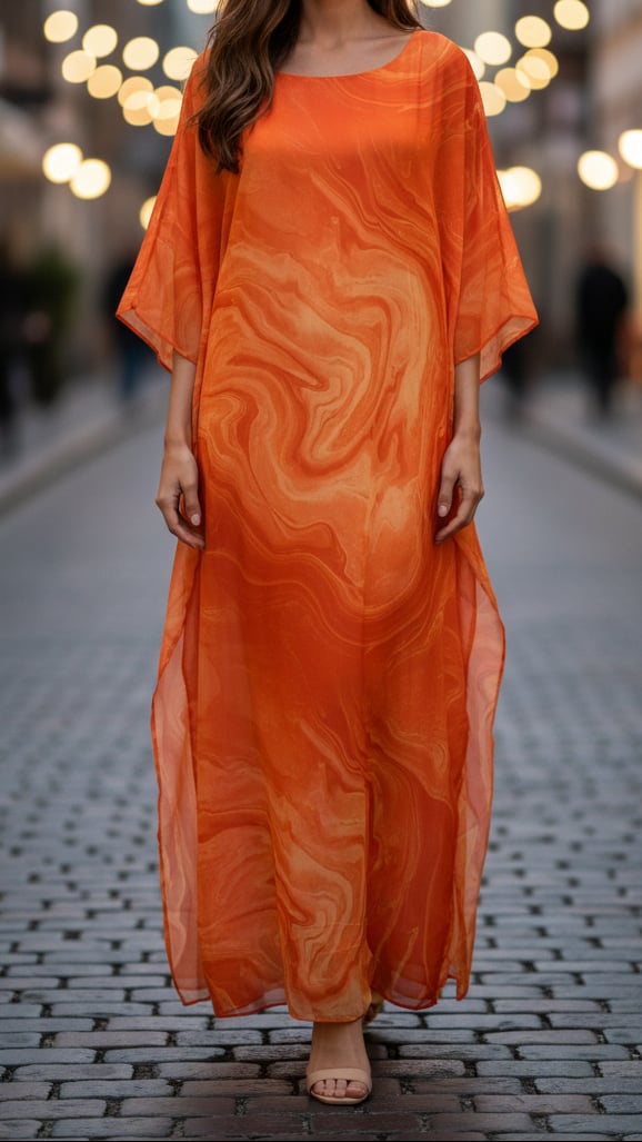 Blue chiffon kaftan maxi dress with batwing sleeves displayed on a model in a full-length pose