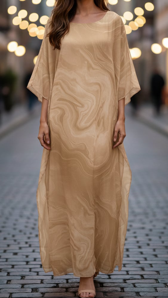 Orange chiffon kaftan maxi dress with floor-length silhouette and flowing batwing sleeves