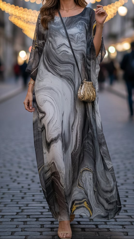 Flat lay or detail shot of the Aura chiffon kaftan maxi dress showing fabric texture and color options