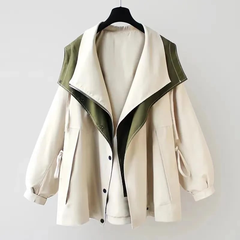 Front view of the Aurelia windbreaker jacket in white with drawstring waist and button front closure