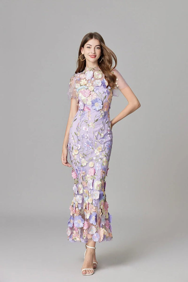 Side view of the Aurelia sleeveless sheer maxi dress in purple