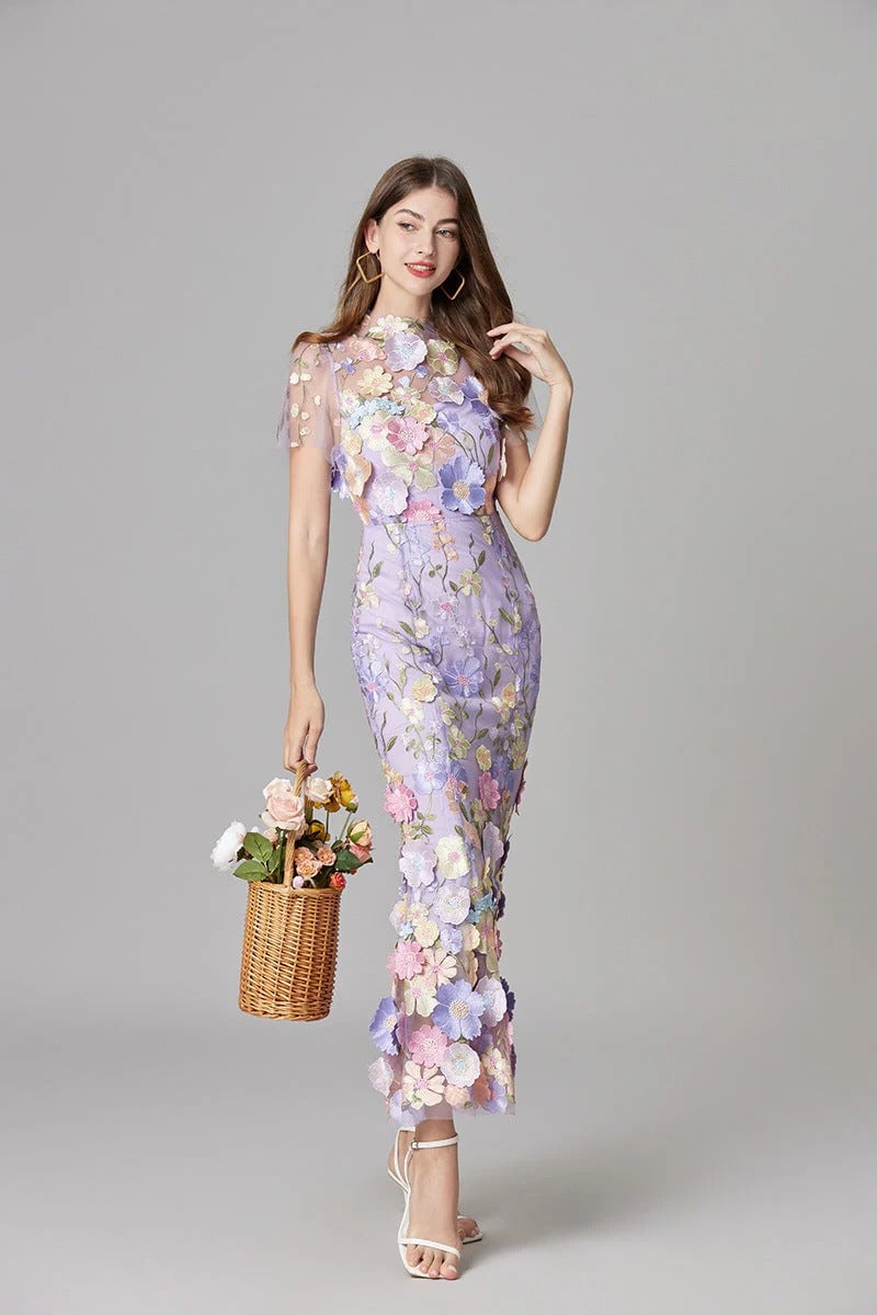 Full-length front view of the Aurelia floral appliqué maxi dress in dark pink