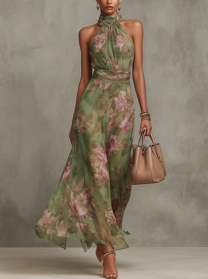 Aurelia green and pink floral halter neck maxi dress shown from the front on a model, flowing to the ankles