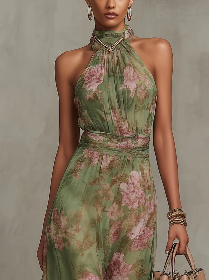 Side view of the Aurelia green floral maxi dress highlighting the sleeveless silhouette and maxi length