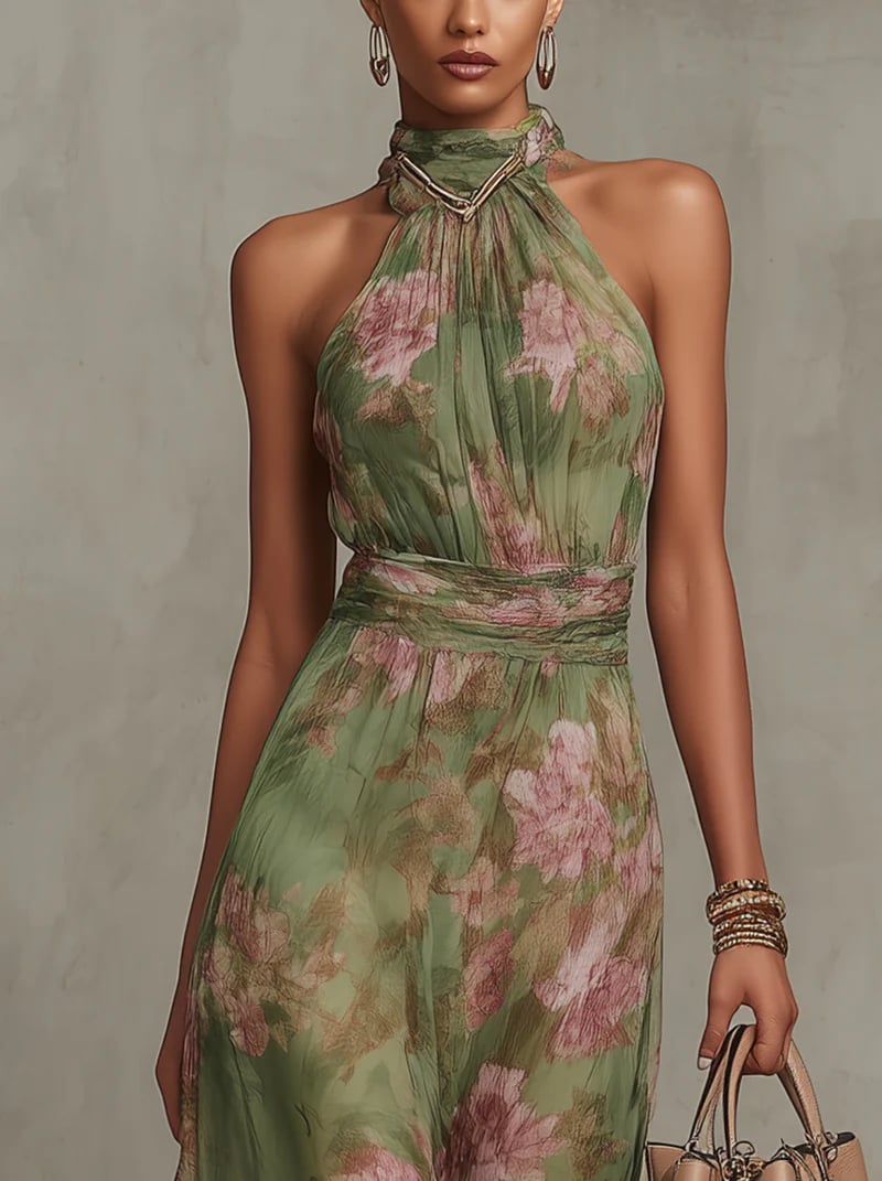Side view of the Aurelia green floral maxi dress highlighting the sleeveless silhouette and maxi length