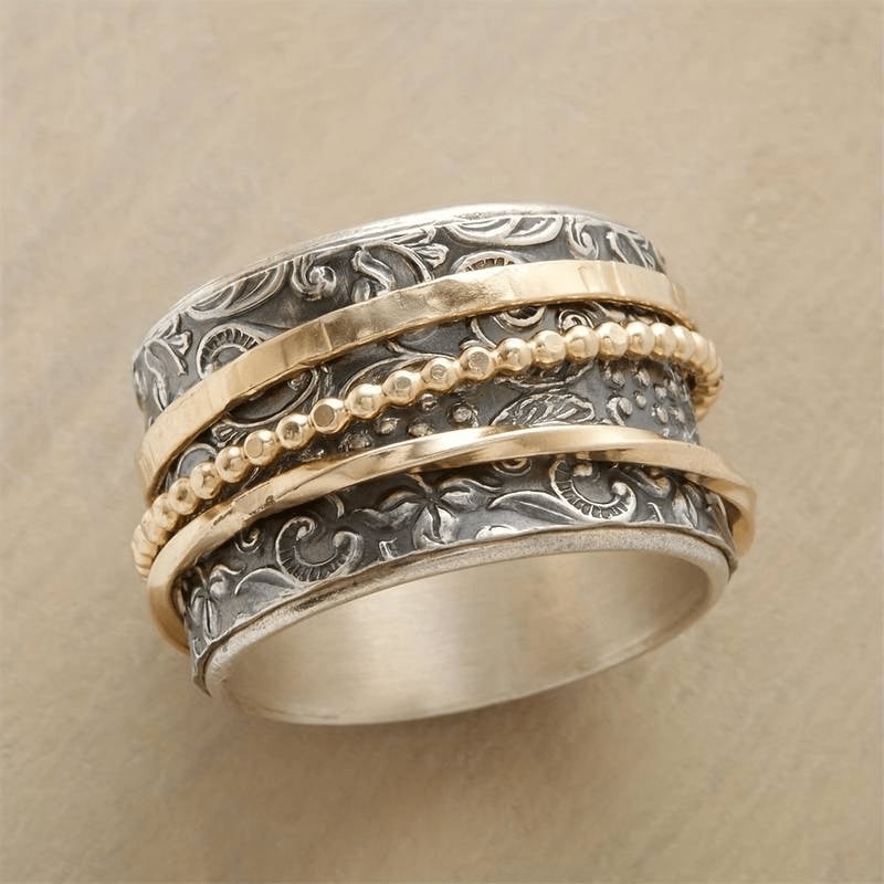 Vintage dual-tone gold and silver antique statement ring with intricate detailing, available in sizes 6 to 10