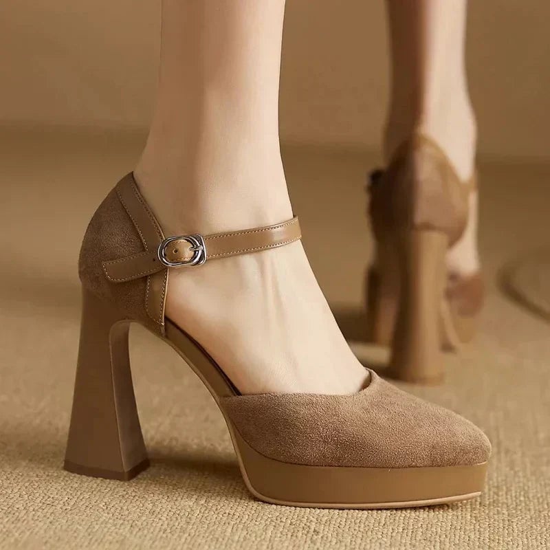 Aurore platform block heel pump in brown with slim ankle strap buckle closure, front view