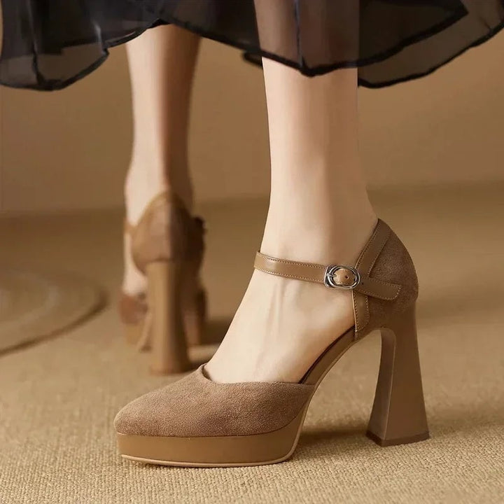 Aurore platform block heel pump in brown styled with a midi skirt outfit, three-quarter view