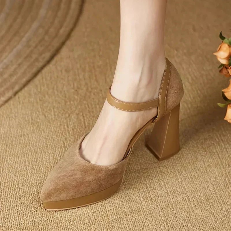 Aurore brown pump rounded toe close-up showing suede-look finish texture