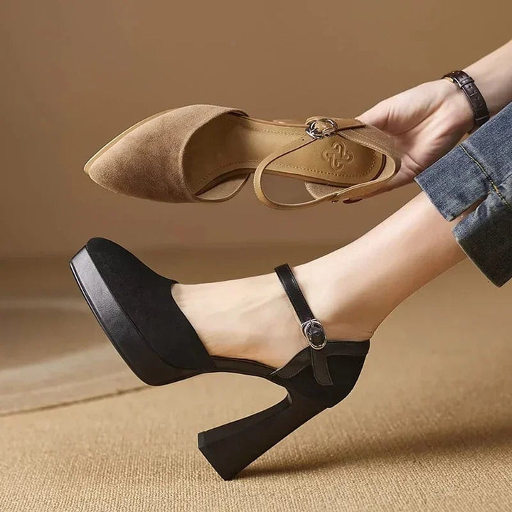 Aurore black pump rounded toe close-up showing suede-look finish texture