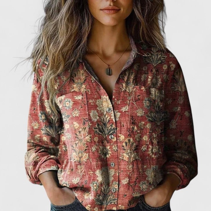 Women's vintage floral print long sleeve button-down shirt in red with tapestry-inspired botanical pattern