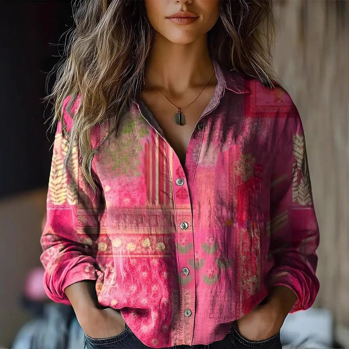 Front view of women's vintage floral button-down shirt showing full button placket and spread collar