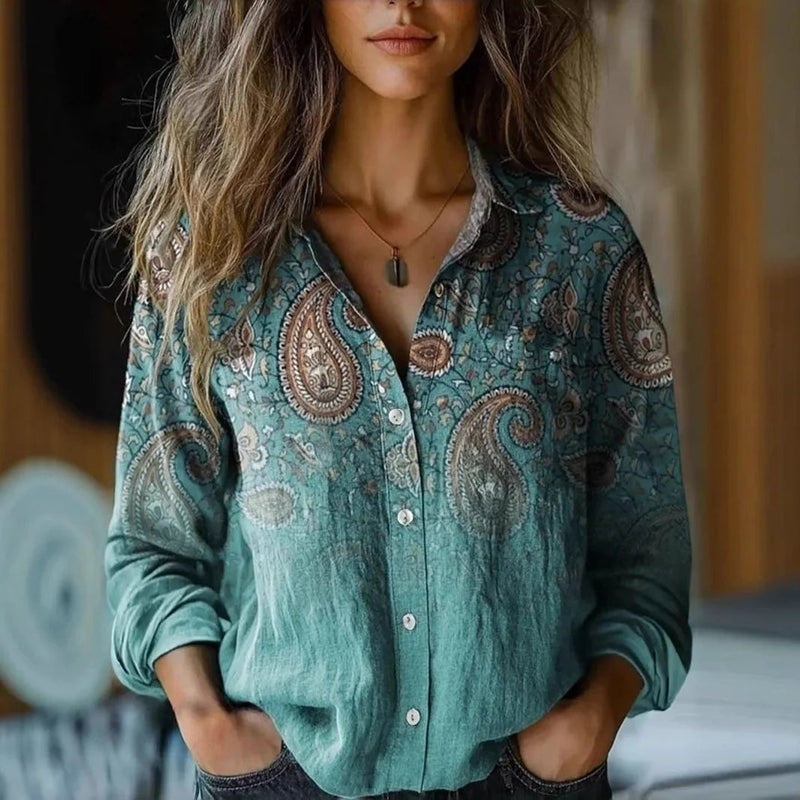 Side view of women's long sleeve floral shirt highlighting relaxed silhouette and sleeve length