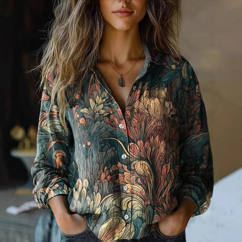 Close-up of tapestry-inspired botanical print detail on women's vintage floral shirt