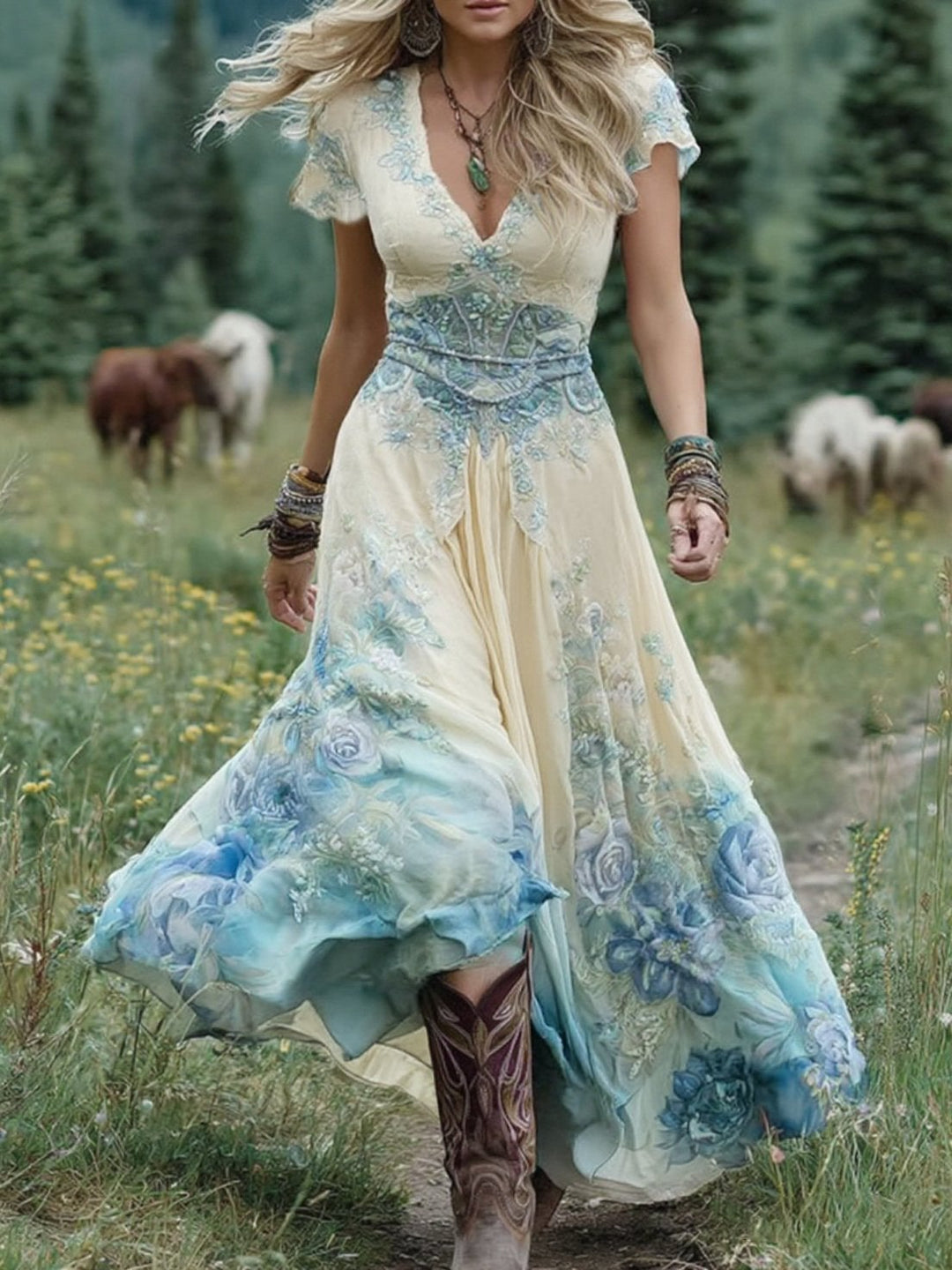 Model wearing a gradient floral maxi dress in beige, showing the flattering silhouette and skirt length