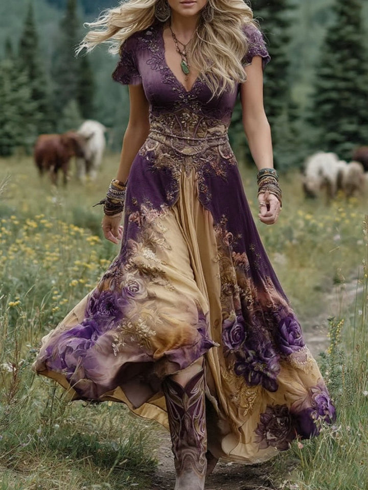 Side view of a woman in a gradient floral maxi dress in blue, highlighting the flowing fabric and elegant drape