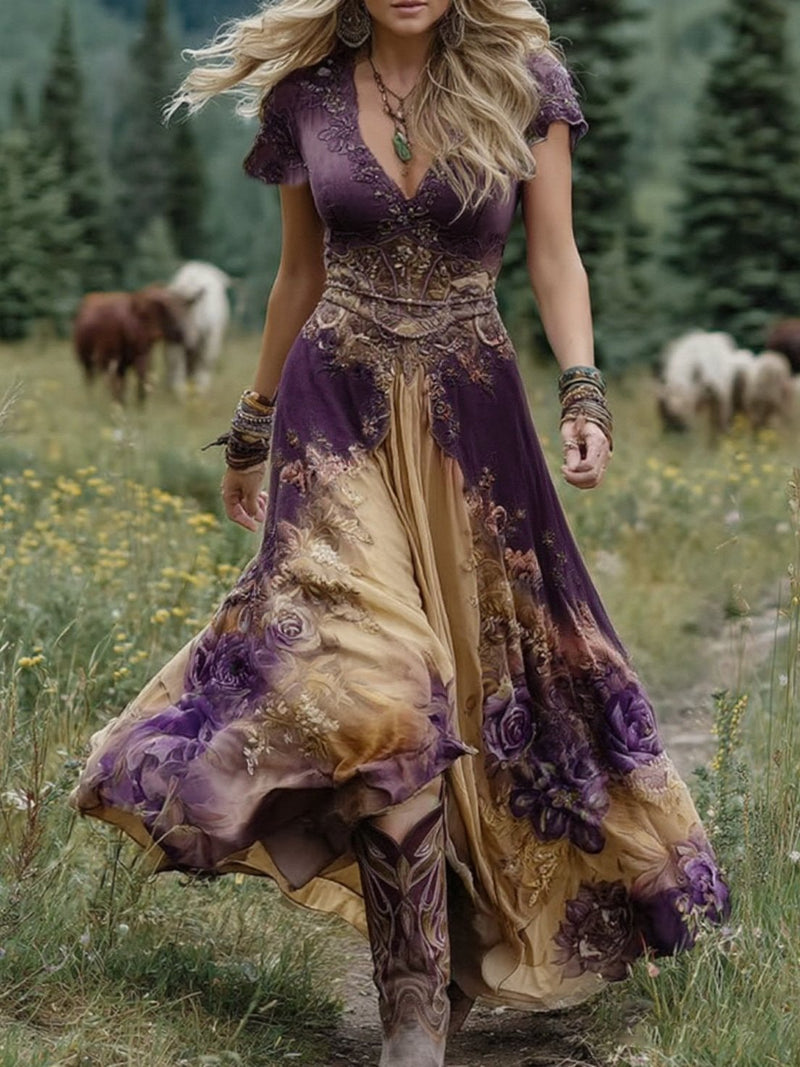 Side view of a woman in a gradient floral maxi dress in blue, highlighting the flowing fabric and elegant drape