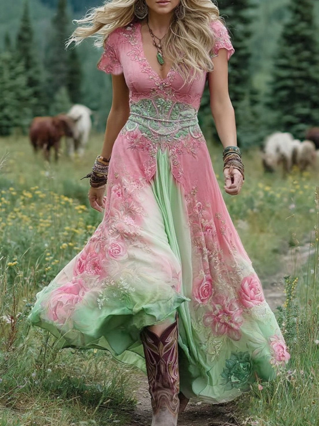 Gradient floral maxi dress in pink styled with strappy sandals for a summer garden party look