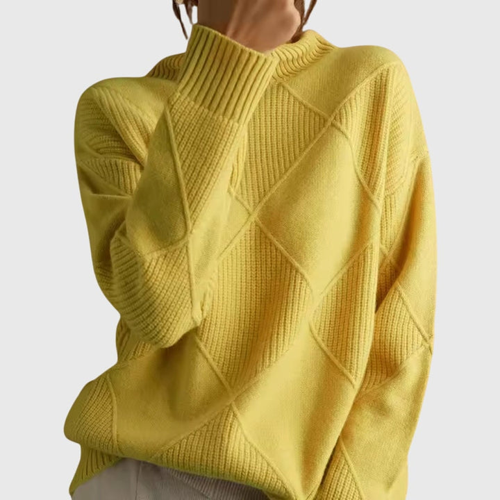 Model in a violet turtleneck sweater styled casually for an everyday look