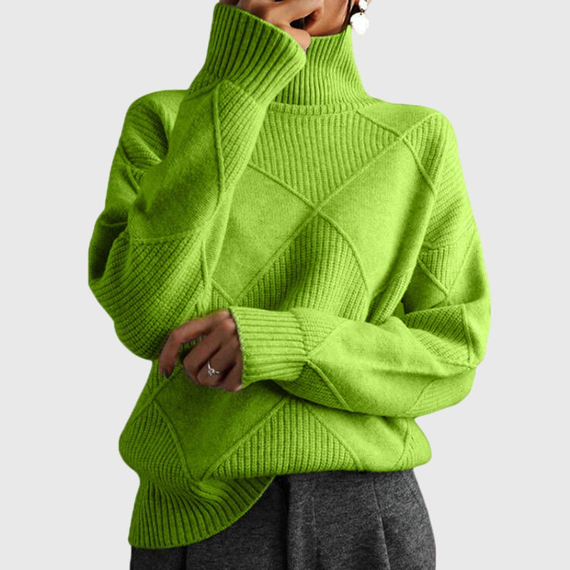 Avery turtleneck sweater in yellow displayed on a model showing a refined silhouette