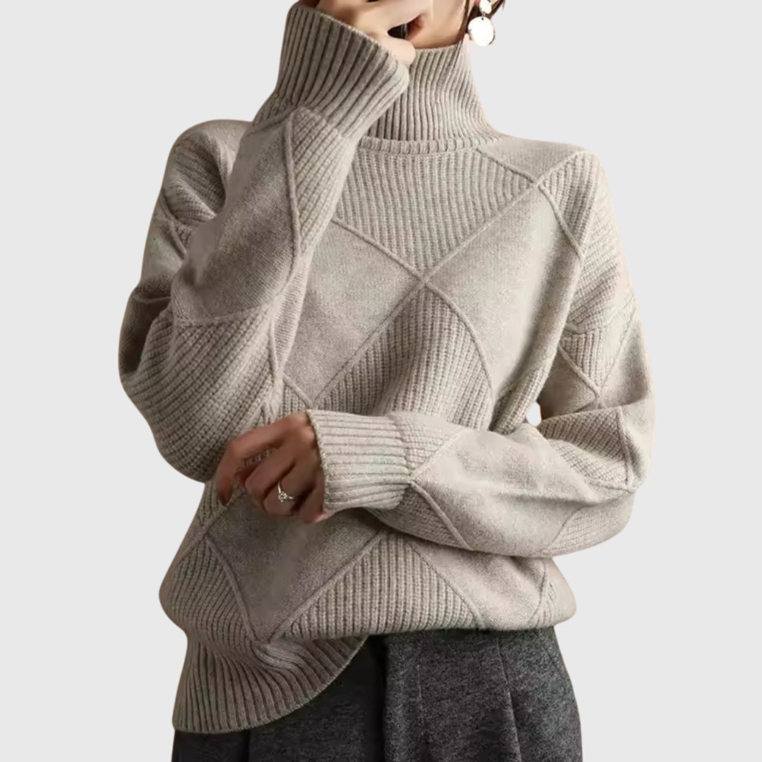 Green turtleneck sweater worn by a woman demonstrating easy layering potential