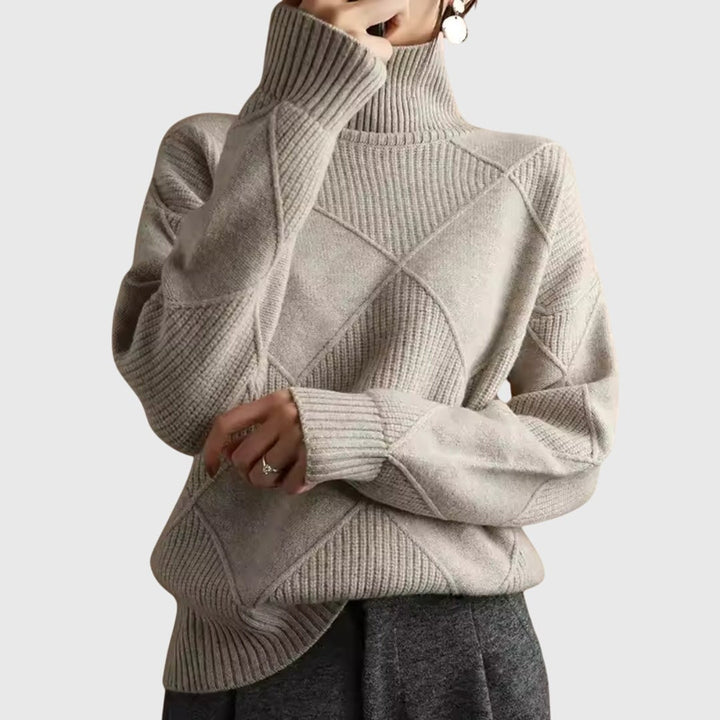 Green turtleneck sweater worn by a woman demonstrating easy layering potential