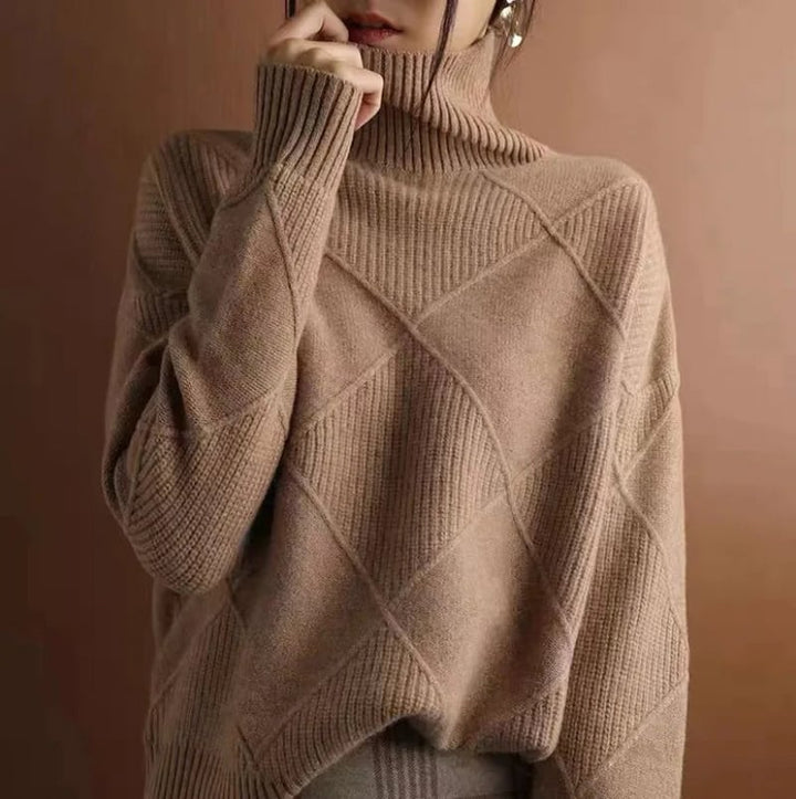 Woman in a purple turtleneck sweater highlighting the elegant neckline and cozy fabric