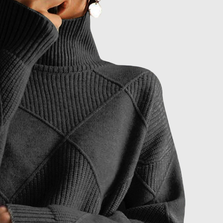 Side view of the Avery turtleneck sweater showing the flattering fit and clean lines