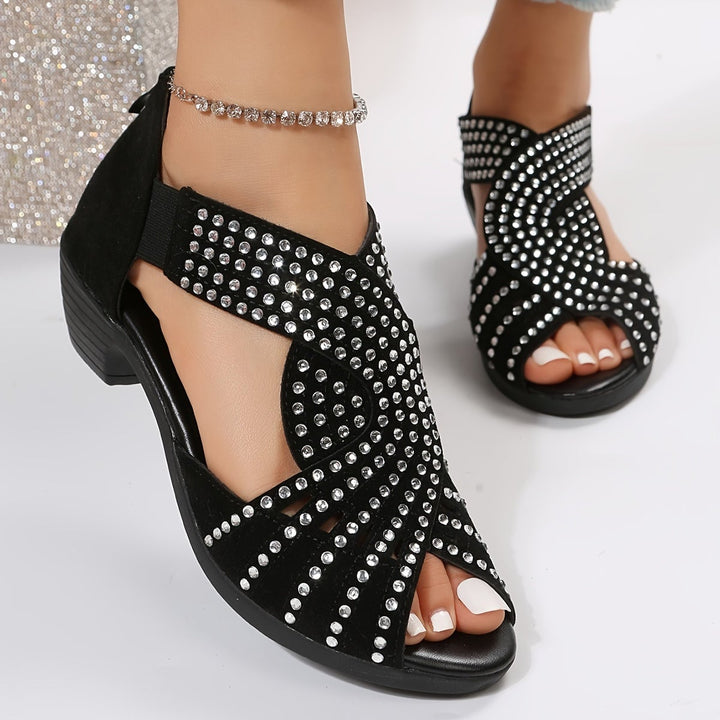 Avery women's adjustable sandals in black with shimmer detailing, front view