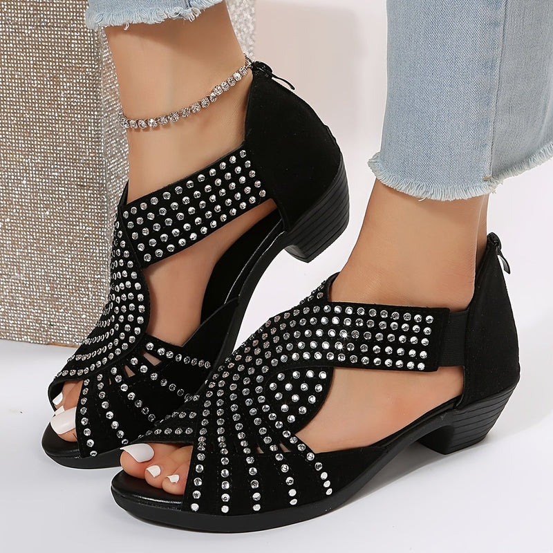 Avery women's adjustable sandals in black, side profile view