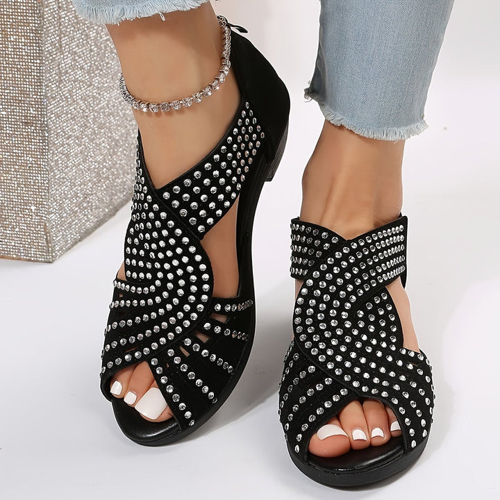 Avery women's adjustable sandals in black, back strap detail