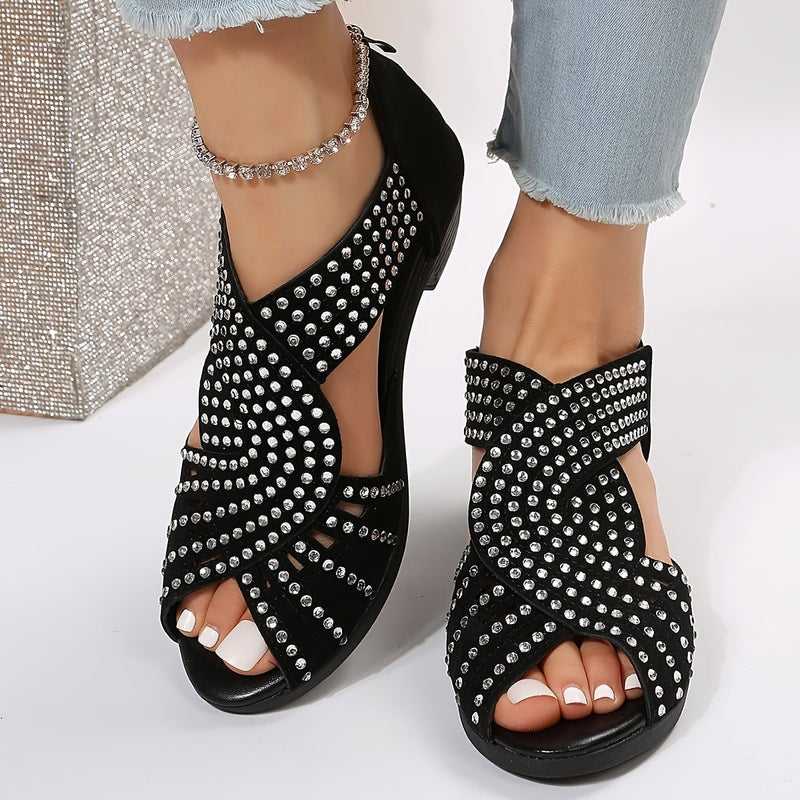 Avery women's adjustable sandals in black, back strap detail