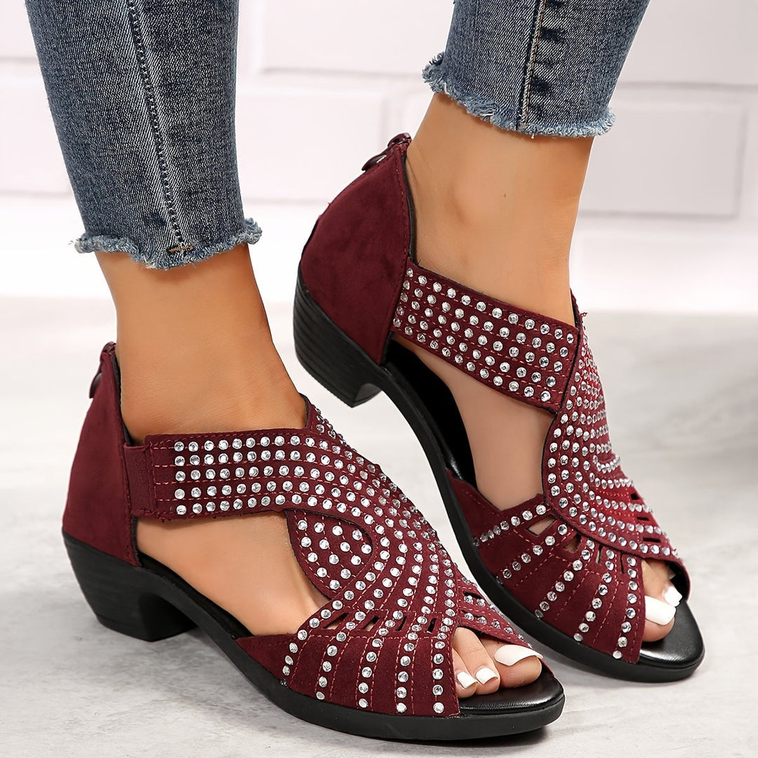 Avery women's adjustable sandals in burgundy, top-down view showing cushioned footbed