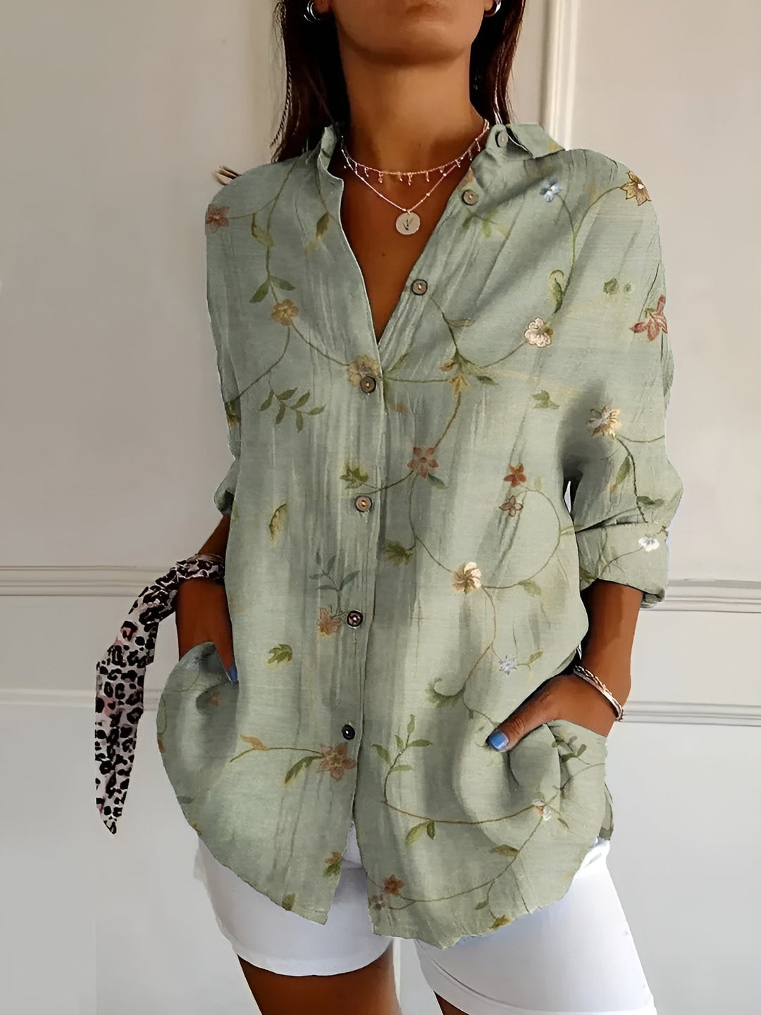 Front view of the Avril whimsical print blouse showing the relaxed tailored fit and lightweight fabric