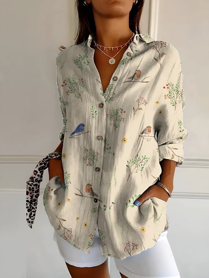 Side profile of the Avril lightweight blouse highlighting the flattering silhouette