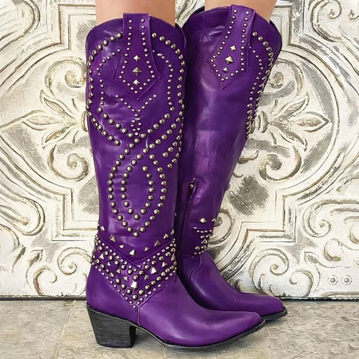 Axela western knee-high boots in multiple colors showing tall silhouette and classic cowboy-inspired stitching