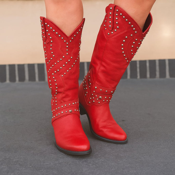 Axela western knee-high boots in black and brown colorways displayed side by side