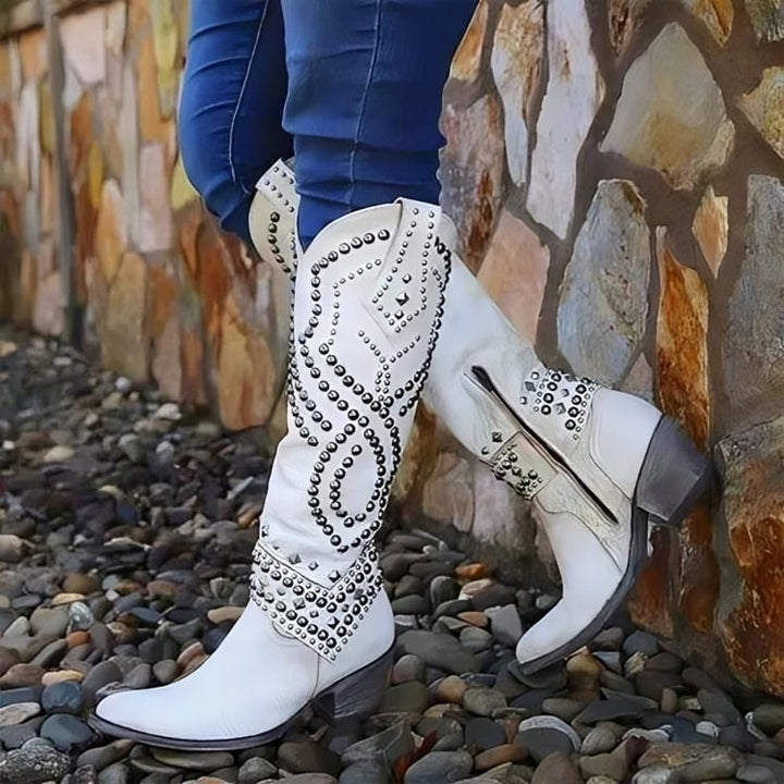Flat lay of Axela western knee-high boots in red and white showing full boot profile