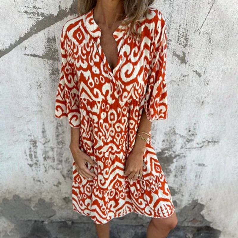 Close-up of the chic printed sleeve pattern on the Azalea elegant dress